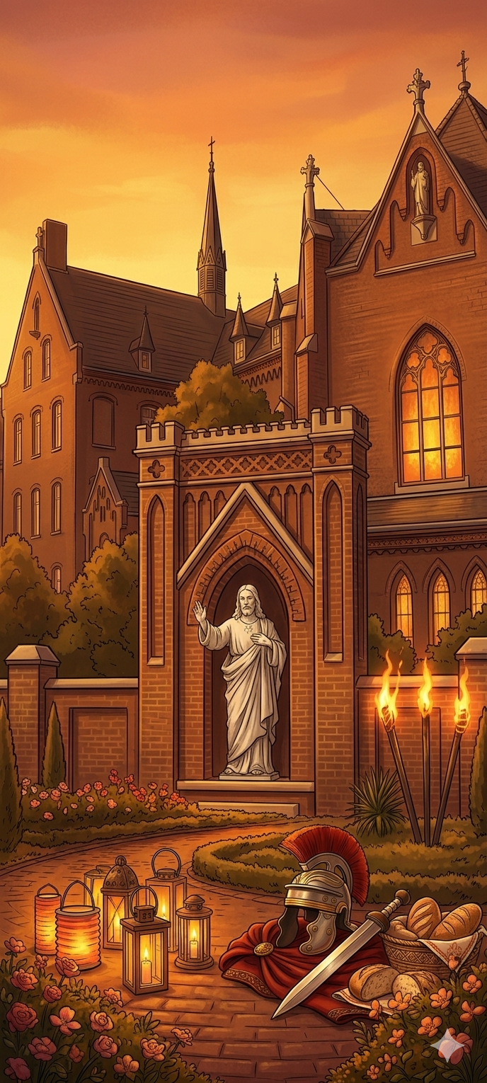 Das Herz-Jesu-Kloster im Lichte der Laternen und den Symbolen des Heiligen Martin.
